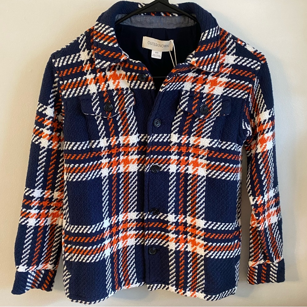 NWT OUTERKNOWN BOYS CLOUD WEAVE SHIRT JACKET SHACKET NAVY BLUE ORANGE PLAID $198